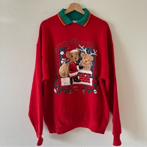 Vintage Tops - Vintage  Made in USA Hand Painted Beary Christmas Holiday Sweatshirt SZ OSFA